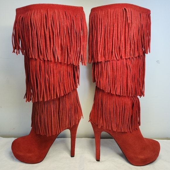 Red Leather Platform Stiletto Boots - Picture 6 of 16